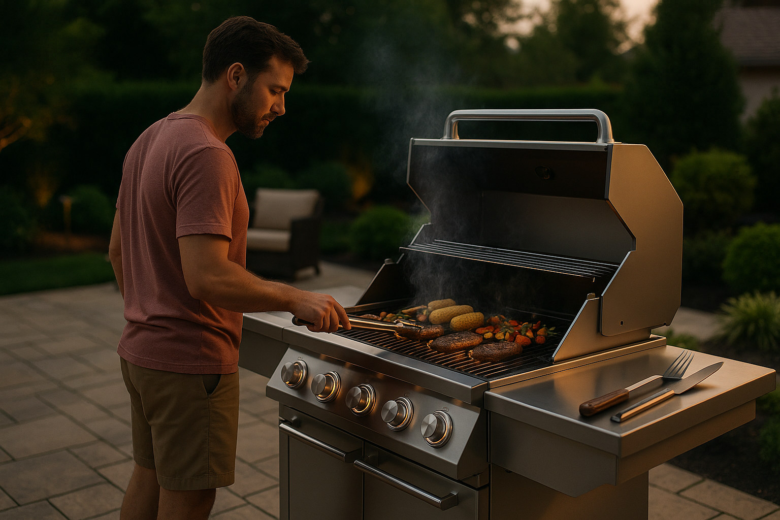A man at a barbecue grilling on a high end grill outside